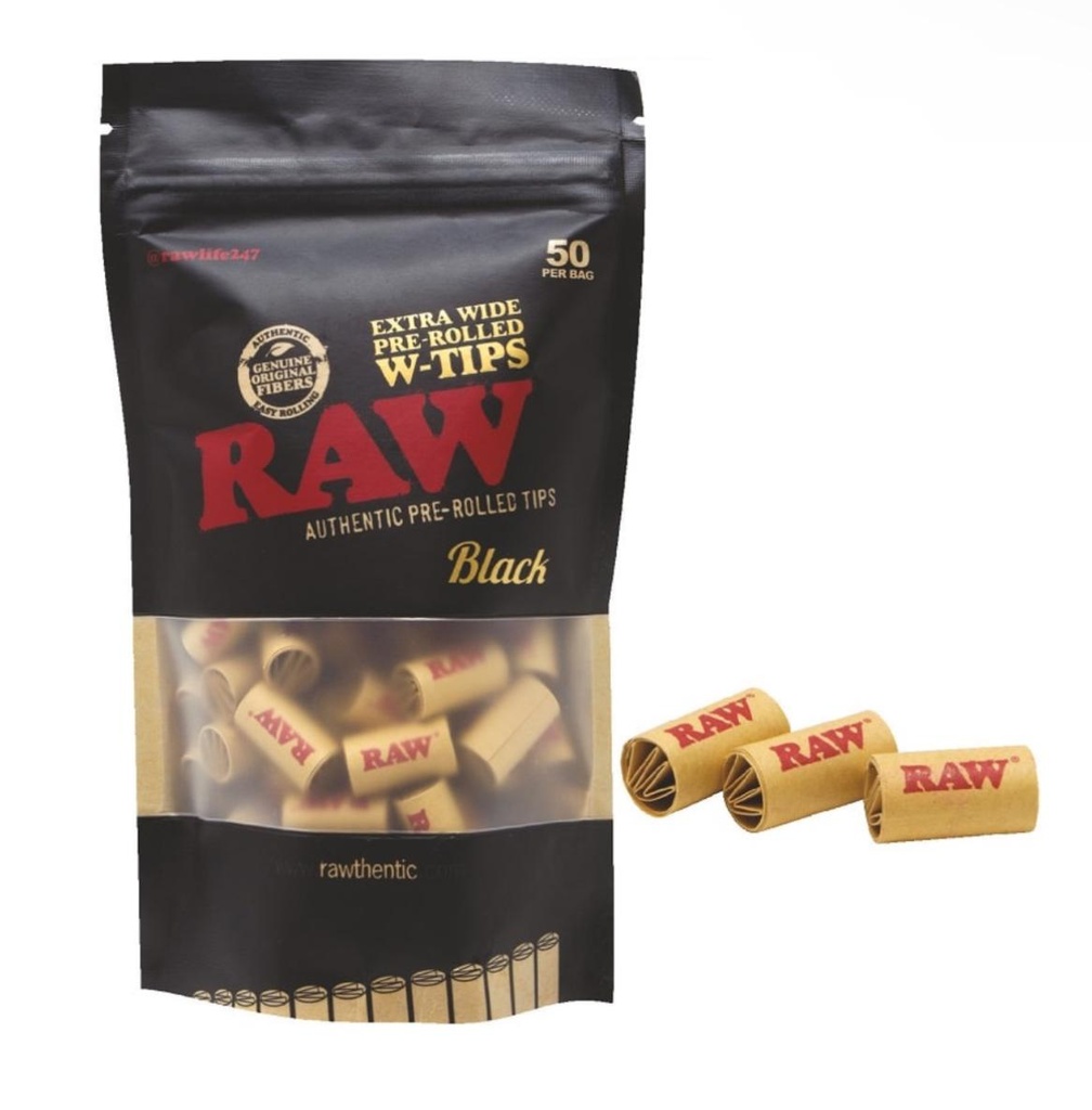 RAW PRE-ROLLEDD BLACK EXTRA WIDE TIPS BAG 20 COUNT