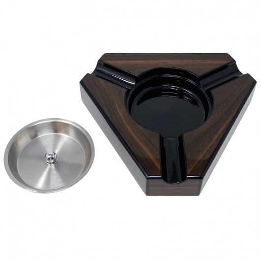 3 CIGAR DARK MAPLE & BLACK LACQUER TRIANGULAR ASHTRAY